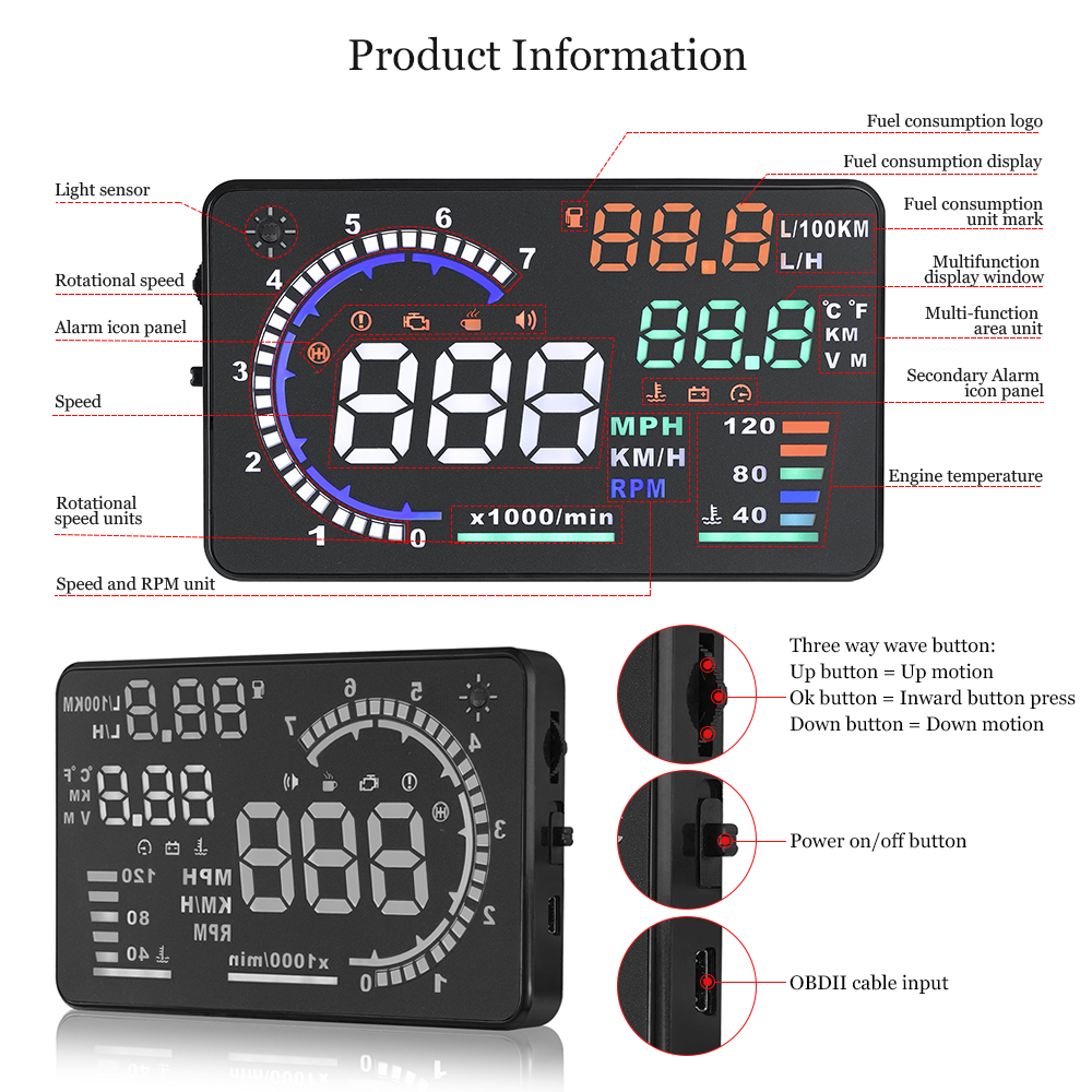 AD 5.5'' OBD2 HUD Car Head Up  - Anemometer Wind Speed reseña y precio